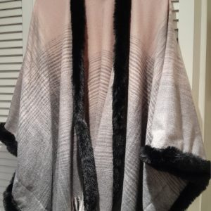 Poncho - Peach and grey with faux-fur edging